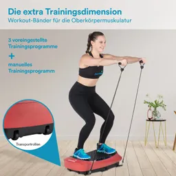 Person steht auf einer Trainingsplattform mit Widerstandsbändern. Neben ihr steht eine blühende Pflanze auf einem Tisch.