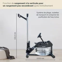 Wassertreter mit abnehmbarer Wasserwanne, verstellbarem Lenker und Abmessungen von 142,3 cm Höhe und 119,5 cm Breite.
