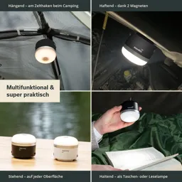Vier verschiedene Anwendungen einer multifunktionalen Lampe. Oben links: Hängevorrichtung im Zelt. Oben rechts: Lampe mit Magnet im Fahrzeug. Unten links: Lampe stehend auf einer Oberfläche.
