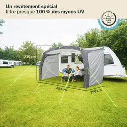Zelt mit grauem Stoff auf einer Wiese. Zwei Personen sitzen an einem Tisch, hinter ihnen ein Wohnwagen. Maße sind eingezeichnet.