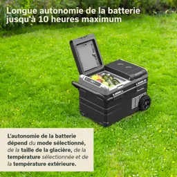 Kühlbox auf Rasen mit geöffnetem Deckel, gefüllt mit Flaschen und Äpfeln. Text über Batterielaufzeit.