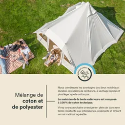 Zelt aus hellem Material auf grünem Gras, mit drei Personen, die auf einer Decke sitzen und sich unterhalten.