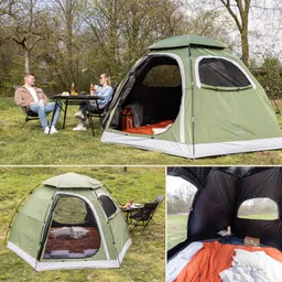 Grünes Zelt auf einer Wiese, zwei Personen sitzen an einem Tisch, auf dem Getränke und Snacks stehen. Zeltinneres mit Matratze.
