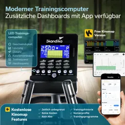 Moderer Trainingscomputer mit LED-Display zur Anzeige von Trainingsdaten. Neben dem Computer sind App-Funktionen sichtbar.