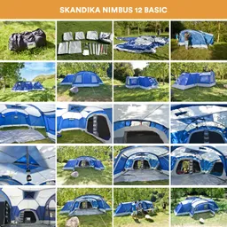 Zelt in verschiedenen Phasen des Aufbaus und der Nutzung. Blaue und graue Zeltfarben unter Bäumen auf Rasen. Innenansichten und Außenansichten.
