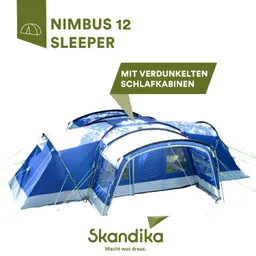 Zelt in Blau und Weiß mit zwei abgedunkelten Schlafkabinen. Hersteller Skandika.
