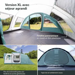 Zelt mit großem Wohnbereich, Panoramafenster, durchsichtigen  Kunststoffelementen und stabil genähtem Boden.