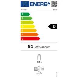 Energieeffizienzlabel mit Energiekategorie D, 51 kWh/Jahr, 36 l Kapazität und Geräuschpegel von 45 dB.