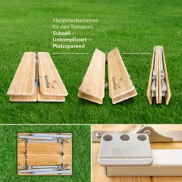 Klappbare Holzplatten liegen auf grünem Gras. Oben verschiedene Ansichten des Klappmechanismus, unten Details der Konstruktion.