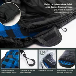 Schwarze Jacke mit blauem Innenfutter, sichtbarem Reißverschluss und Klettverschluss, waschbar in der Maschine.