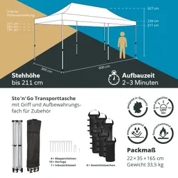 Ein Faltpavillon mit Maßen von 600 cm x 300 cm. Stehhöhe bis 211 cm, Aufbaudauer 2-3 Minuten. Dazu eine Transporttasche und Zubehör.