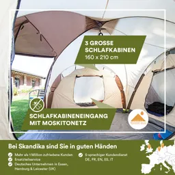 Zelt mit drei großen Schlafkabinen in beige, Eingang mit Moskitonetz, grüner Text, Hinweis auf Kundenservice und Standortkarten.