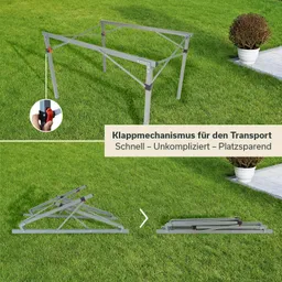 Klappgestell auf Rasen, nebeneinander zwei Ansichten: aufgestellt und zusammengeklappt. Schnittstelle und Textinformationen.