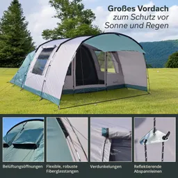 Zelt mit großem Vordach auf Wiese, umgeben von Bäumen Detailansichten von Belüftungsöffnungen, Fiberglasstangen, Verdunkelungen und Abspannleinen.