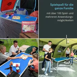 Blaue Tischoberfläche mit Brettspielen, umgeben von Personen in Zelten. Zwei Gruppen spielen, eine mit einer Frau und einem Kind, die andere mit zwei Kindern und einem Mann.