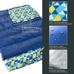 Schlafsack mit blauer Oberseite und farbigen, geometrischen Mustern. Detailreiche Beschreibung der Materialien und Funktionen.