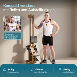 Fitnessgerät mit Kompaktgestaltung, daneben eine lächelnde Person in Sportkleidung. Informationen zu Produktgewicht und maximaler Belastung.