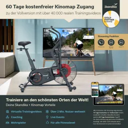 Ein Fitnessgerät steht vor einem Fernseher, der ein Trainingsvideo zeigt. Darunter Informationen zu Kinomap und Skandika.