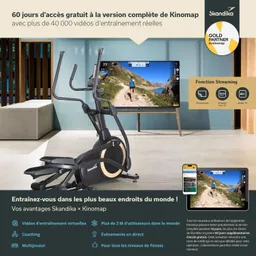 Ein elliptisches Trainingsgerät steht im Raum, vor einem Fernseher mit dem Bild einer Laufstrecke. Daneben befindet sich ein Tablet mit der Kinomap-App.