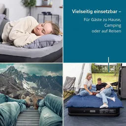Die Abbildung zeigt ein Luftbett in verschiedenen Nutzungsszenarien: Eine Person schläft darauf, Panoramablick auf Berge, Füße auf einer Liege sowie zwei Personen, die auf dem Bett lesen.