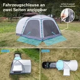 Ein Pavillon mit zwei seitlichen Eingängen auf einer Wiese. Darunter zwei Varianten zur Anbringung an einem Fahrzeug.