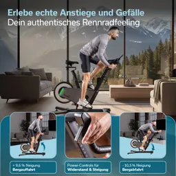 Ein Mann fährt auf einem stationären Fahrrad in einem modernen Raum mit Fenster und Berglandschaft. An der Seite befinden sich zwei kleinere Bilder mit Informationen zu Neigungen und Steuerungen.