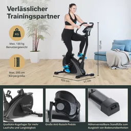 Ellipsentrainer mit einer Person in Trainingskleidung. Maße und Besonderheiten sind unten aufgeführt. Hintergrund mit Sofa und Pflanze.