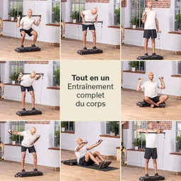 Person trainiert mit einem Fitnessgerät in verschiedenen Positionen: Squats, Sit-Ups und andere Übungen in einem hellen Raum.