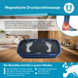 Ein Fußmassagegerät mit Sensoren steht auf einem Holzboden. Im Hintergrund ist ein heller Raum zu sehen. Text beschreibt die Funktionen des Geräts.