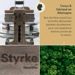 Rudergerät aus Holz mit einer transparenten Wassertank, umgeben von textlichen Informationen und einem Landschaftsbild.
