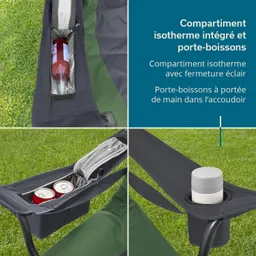 Isolierter Taschenbereich und Getränkehalter in einem Gartenstuhl, mit einer Flasche und Dosen sichtbar in den Fächern.