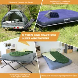 Zeltliege im Freien mit Tisch und Stühlen, Luftbett, Campingliege in einem Raum und Matratze auf einem Boden.