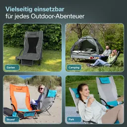 Mehrere Variationen von Klappstühlen in unterschiedlichen Umgebungen: Garten, Camping, Strand und Park.
