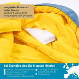 Detailaufnahme einer gelben Jacke mit blauer Kapuze, die ein integriertes Kissenfach zeigt.