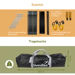 Zubehör für Camping: 6 Wetterfesten Bodennägel, Abspannleinen, Gurt und Tragetasche mit Maßangaben.