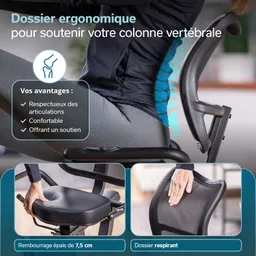 Ergonomischer Stuhl mit gepolstertem Sitz und Rückenlehne, die die Wirbelsäule stützt. Vorteile sind Komfort und Gelenkschutz.