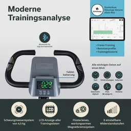 Gerät zur Trainingsanalyse mit LCD-Anzeige, Tablet-Halterung, Bluetooth-Konnektivität und 8 Widerstandsstufen.