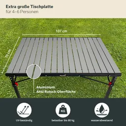 Graue Aluminiumtischplatte mit Anti-Rutsch-Oberfläche, Maße 107 cm x 70 cm, auf grünem Gras. Geeignet für 4-6 Personen.