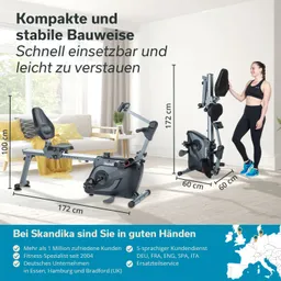 Zwei Fitnessgeräte stehen in einem hellen Raum. Links ein Rudergerät mit Sitz und rechts ein aufrecht stehendes Fitnessgerät.