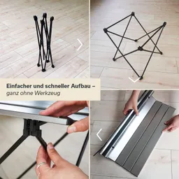 Tischgestell und Tischplatte in verschiedenen Montagephasen. Holzfußboden im Hintergrund, Hände setzen Elemente zusammen.