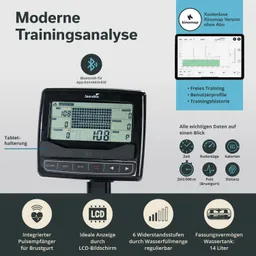 Anzeige eines Trainingsgeräts mit LCD-Bildschirm, Bluetooth-Funktion und Tablet-Halterung. Angaben zu Funktionen und Wasserstand.