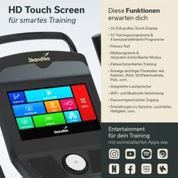 HD-Touchscreen für Fitnessgeräte mit Programmen, Einstellungen und integrierter Multimedia-Option in einem modernen Design.