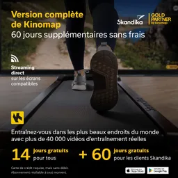 Werbung für Kinomap mit einem Fuß auf einem Laufband, Hintergrund mit Naturansicht. Text zu gratis Testangeboten.