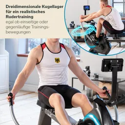 Rudergerät mit einer Person, die ruderähnliche Bewegungen ausführt. Der Raum hat Fenster und verschiedene Möbelstücke.