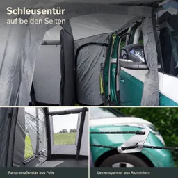 Schleusenzelt mit grauen Wänden, seitlichen Eingängen und einem Panorama-Window. Untere Bilder zeigen Details von Leinen und Spannern.