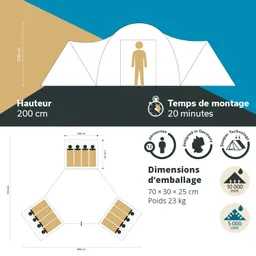 Zeltansicht mit Maßen: Höhe 200 cm, Aufbauzeit 20 Minuten. Platz für 12 Personen, Verpackungsmaße 70x30x25 cm, Gewicht 23 kg.