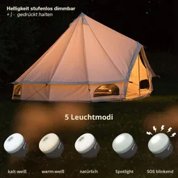Zelt mit beleuchtetem Eingang in der Dämmerung und fünf Abbildungen unterschiedlicher Lichtmodi.