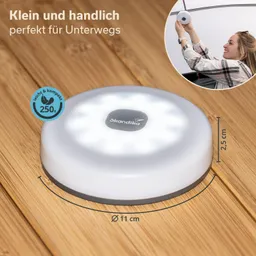 Kompakte LED-Leuchte mit 11 cm Durchmesser und 2,5 cm Höhe auf Holzoberfläche. Logo in der Mitte sichtbar.