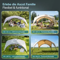Vier Zeltvarianten mit verschiedenen Maßen und Materialien, im Freien auf Wiese aufgestellt. Personen sitzen oder stehen darunter.
