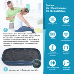 Vibrationsplattform mit einer Person, die einen Rückenmassage erhält. Auf der Seite sind verschiedene gesundheitliche Vorteile aufgelistet.